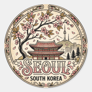 Sticker Rond Cerisiers en fleurs de Séoul Corée du Sud