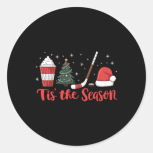 Sticker Rond C'est la saison de hockey Café Noël arbre hockey s