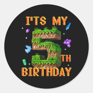 Sticker Rond C'est mon 5ème anniversaire Pixel Gamer Party Garç