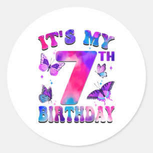 Sticker Rond C'est mon 7ème anniversaire thème papillon 7 ans g