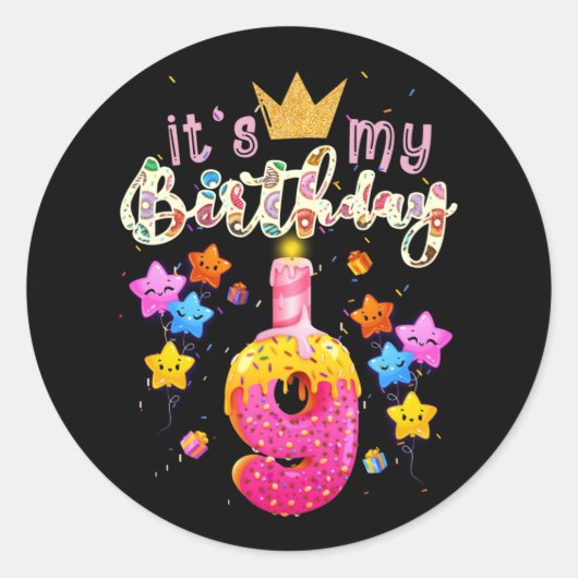 Sticker Rond C'est mon 9e anniversaire Doughnut Joyeux 9 ans (Devant)