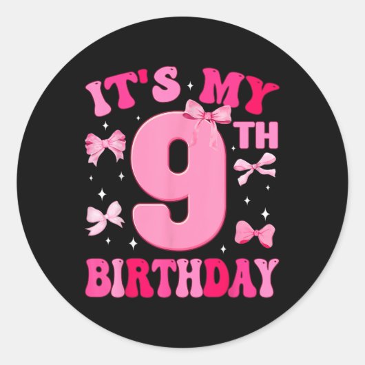 Sticker Rond C'est mon 9e anniversaire fille Coquette Bow 9 ans (Devant)