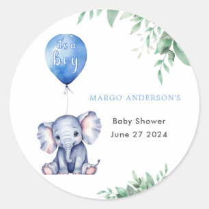 Sticker Rond C'est un Baby shower bleu éléphant garçon