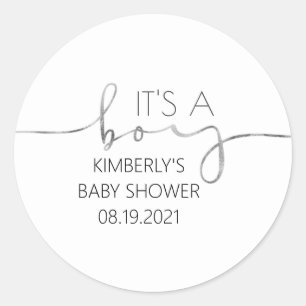 Sticker Rond C'est un Baby shower de script en argent pour garç