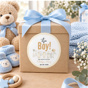 Sticker Rond C'est un garçon ! Baby Shower Bleu - Mignon & Douc