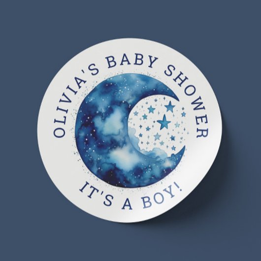 Sticker Rond C'est un garçon. Baby shower de lune bleu blanc mi