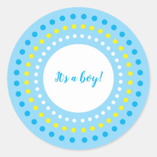 Sticker Rond "C'est un garçon !" Bleu et jaune à pois