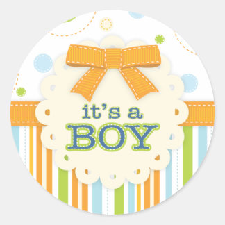 Sticker Rond C'est un Garçon Bleu Orange Vert en Stitches Baby