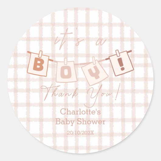 Sticker Rond C'est un garçon ! Douce Gingham Marron Notedry Bab (Devant)