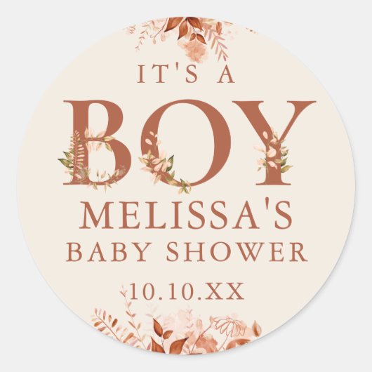 Sticker Rond C'est un garçon Floral Rustique Automne Bébé Naiss (Devant)