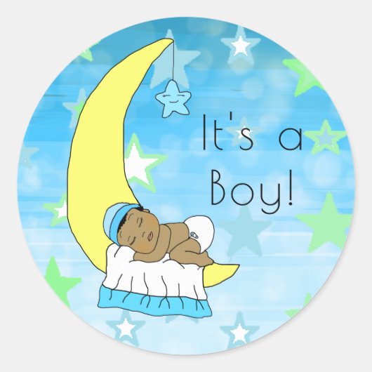 Sticker Rond C'est un garçon, un bébé garçon sur la lune et les (Devant)