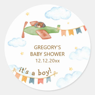 Sticker Rond C'est un ours avion ciel Baby Shower garçon
