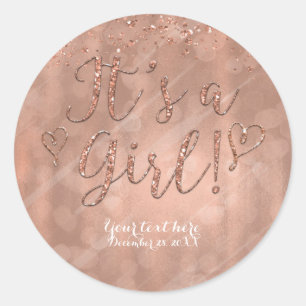 Sticker Rond C'est une Baby Shower Fille Rose Gold Rose Foncé F