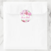Sticker Rond C'est une fille, Baby shower de fleurs rose aquare (Sac)