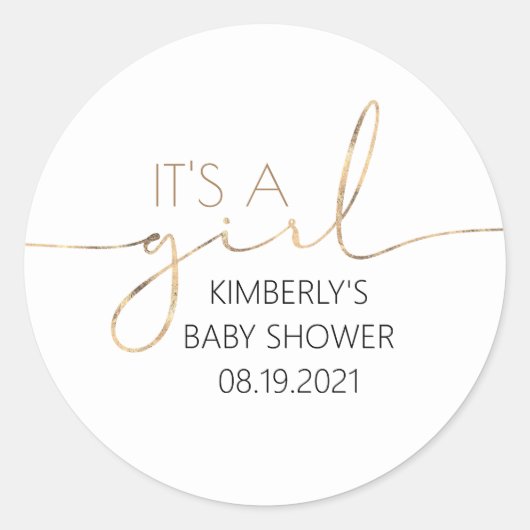 Sticker Rond C'est une fille Baby shower de script d'or classiq (Devant)