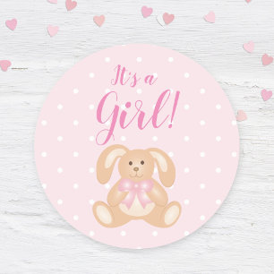 Sticker Rond C'est une fille Baby shower mignonne lapin rose