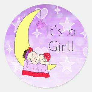 Sticker Rond C'est une fille, bébé fille sur la lune Violet Bru