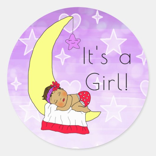 Sticker Rond C'est une fille, bébé fille sur la lune Violet Eth (Devant)