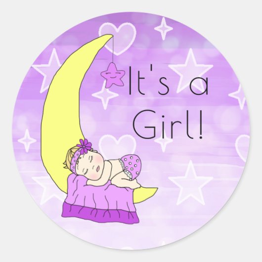 Sticker Rond C'est une fille, bébé fille sur la lune violette (Devant)