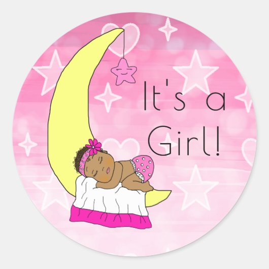 Sticker Rond C'est une fille, Bébé fille sur Lune rose ethnique (Devant)