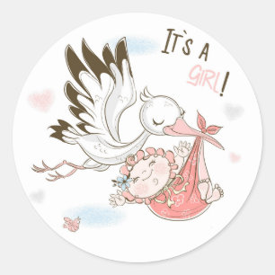 Sticker Rond C'est une fille cigogne et bébé