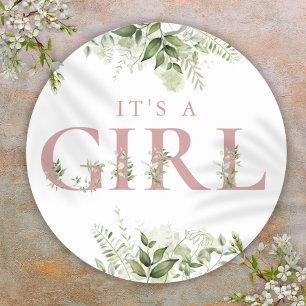 Sticker Rond C'Est Une Fille Dusty Rose Verdure Baby shower Flo