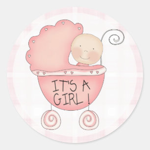 Sticker Rond C'est une fille ! Faire-part Buggy pour bébé rose