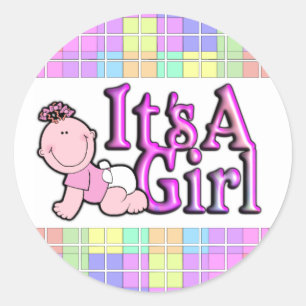 Sticker Rond C'est une fille rose brillant texte avec feuille d