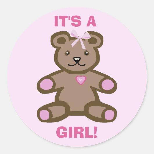 Sticker Rond C'est une petite fille ours en peluche rose (Devant)