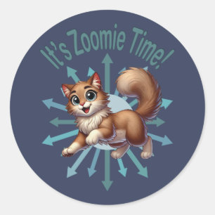 Sticker Rond C'est Zoomie Time Cute Brown & White Cat