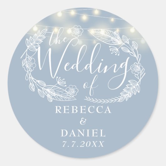 Sticker Rond Chaîne Lights Floral Dusty Mariage bleu (Devant)