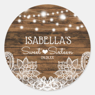 Sticker Rond Chaîne Lumières Bois et dentelle Sweet 16 Merci