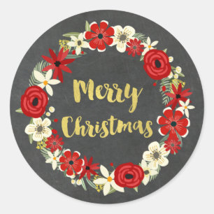 Sticker Rond Chalboard Rouge Floral Wreath Or Noël