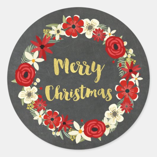 Sticker Rond Chalboard Rouge Floral Wreath Or Noël (Devant)