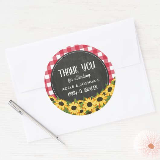 Sticker Rond Chalk En vichy Sunflower Baby-Q Douche Merci (Enveloppe)