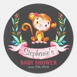 Sticker Rond Chalkboard Aquarelle Singe Baby shower Fille