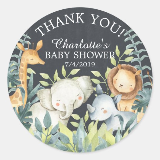 Sticker Rond Chalkboard Jungle Baby shower Merci Favoriser (Devant)