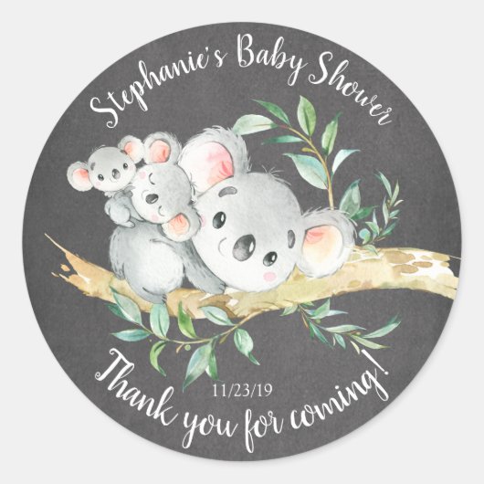 Sticker Rond Chalkboard Koala Bear Twins Baby shower Favoriser (Devant)