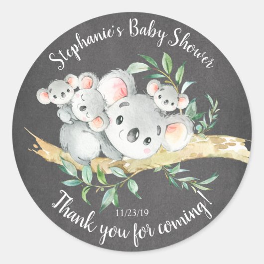 Sticker Rond Chalkboard Koala Oear Triplets Baby shower Favoris (Devant)