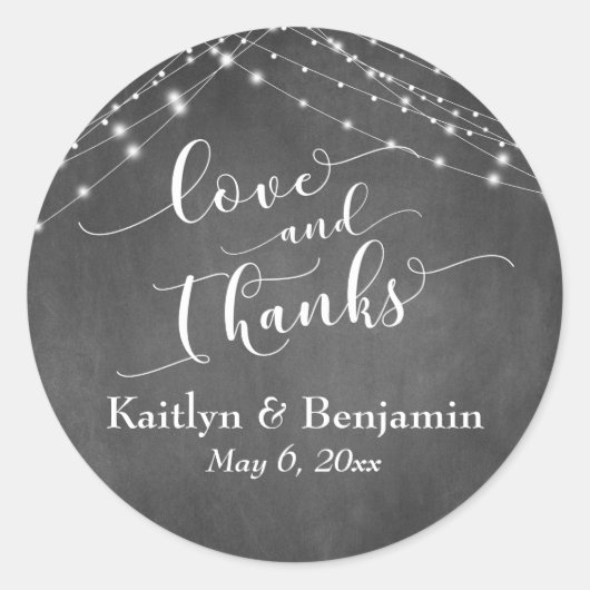 Sticker Rond Chalkboard Lights Mariage Script Love and Thanks (Devant)