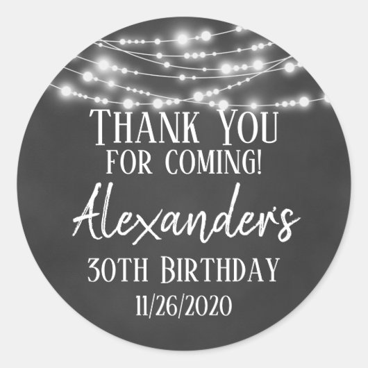 Sticker Rond Chalkboard Lights Merci Anniversaire Favoriser Tag (Devant)