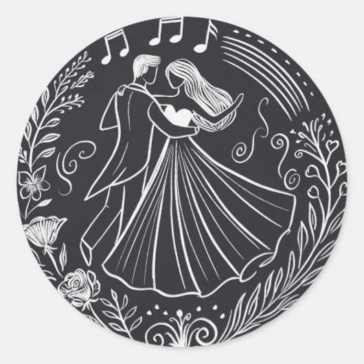 Sticker Rond Chalkboard Line Art Dancing Bride Mariage Groom (Devant)