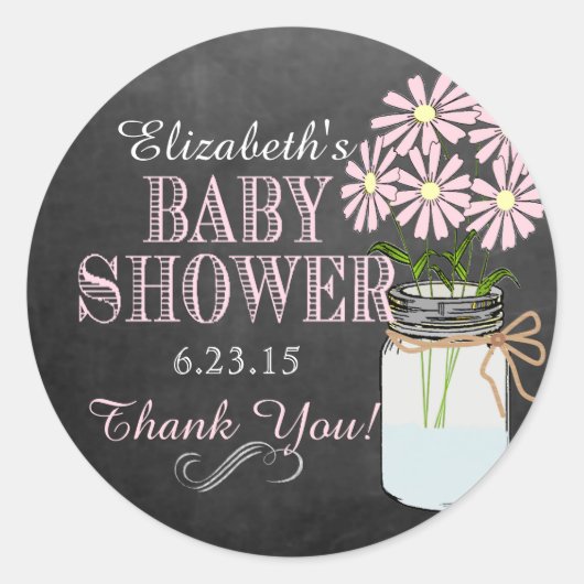 Sticker Rond Chalkboard Look Mason Jar Baby shower Fleurs roses (Devant)