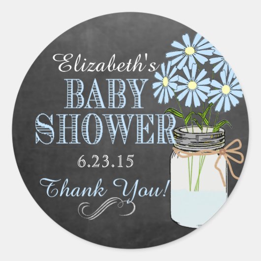 Sticker Rond Chalkboard Mason Jar Blue Boy Baby shower (Devant)