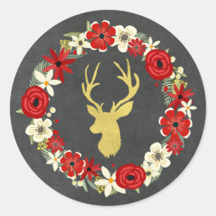 Sticker Rond Chalkboard Rouge Floral Wreath Gold Deer Noël