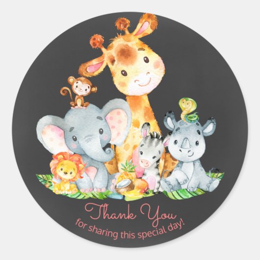 Sticker Rond Chalkboard Watercol Cute Jungle Animaux Merci (Devant)