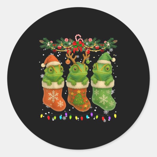 Sticker Rond Chameleon In Christmas Socks Lights Chameleon Xmas (Devant)