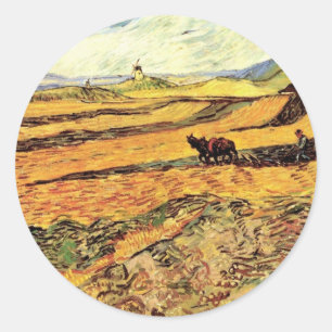 Sticker Rond Champ avec Plowman et Mill par Vincent van Gogh