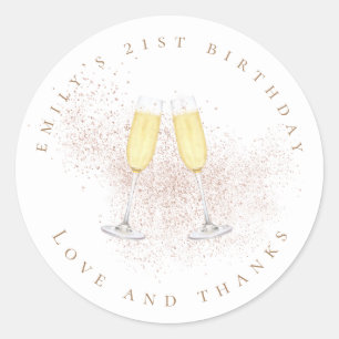 Sticker Rond Champagne Rose Parties scintillant d'or 21e annive