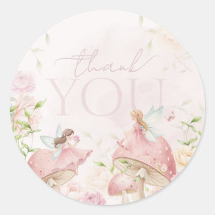 Sticker Rond Champignon Fée Rose Floral 1er Anniversaire Merci